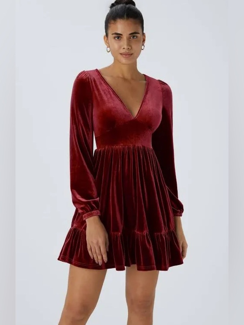Halara Velvet Deep V Neck Long Sleeve Ruffle Hem Mini Dress NWT Medium